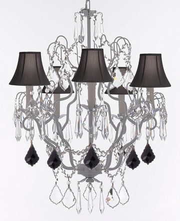 Swarovski Crystal Trimmed Chandelier White Wrought Iron Swarovski Crystal Trimmed Chandeliers Lighting H27"xW21" Dressed w/Jet Black Crystal Great for Closets, Dining Rooms w/Black Shades - J10-B97/BLACKSHADES/WHITE/26025/5SW