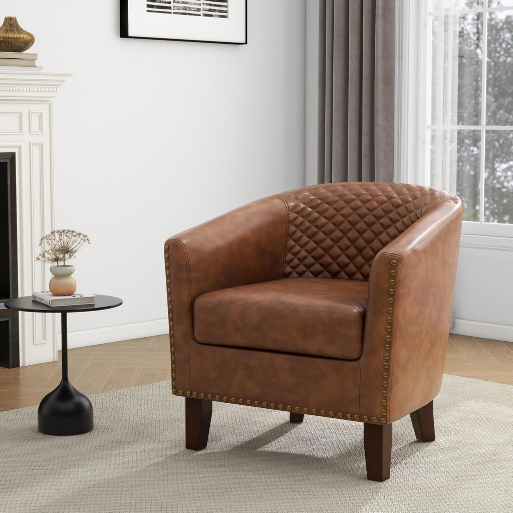 PU Leather Barrel Accent Chairs, Upholstered Armchair, Brown - Set of 2