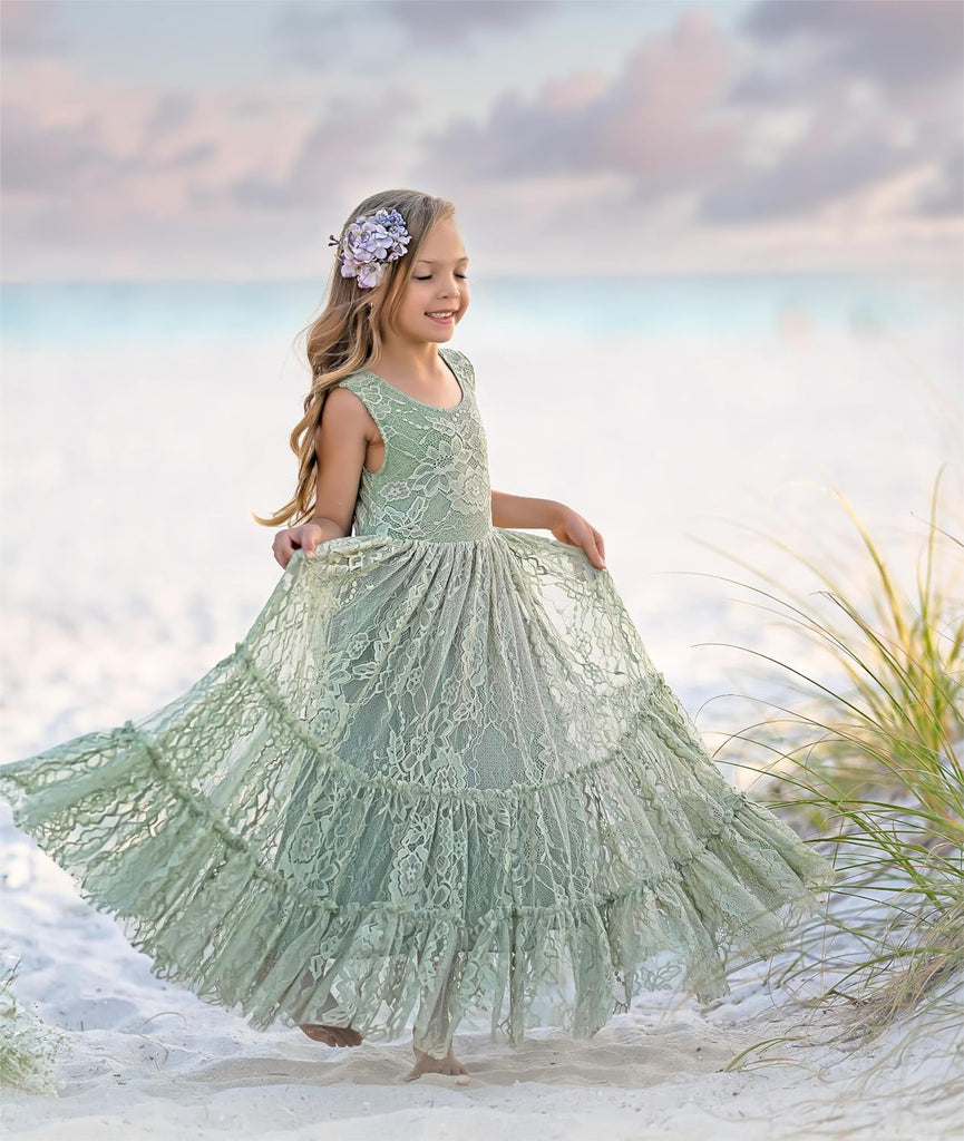 Flower Girl Dress Ruffle Lace Boho Toddler Dresses Sleeveless