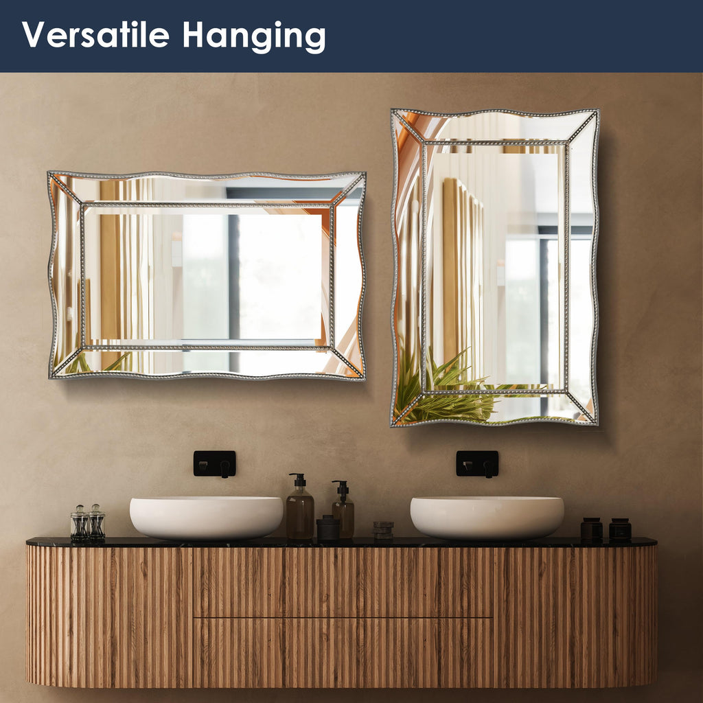 24x36 Scalloped Beaded Vintage Venetian Silver Vanity Wall Mirror