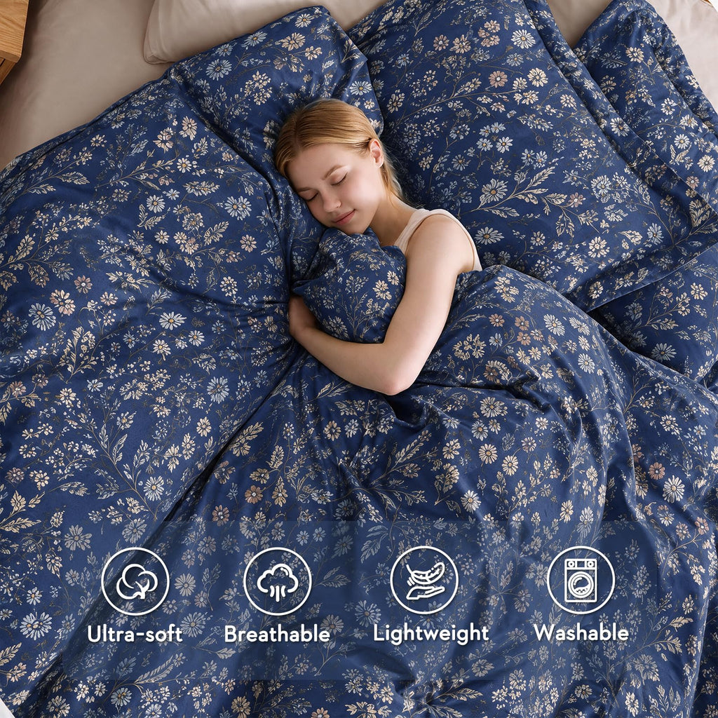 Duvet Cover, 3-Piece Floral Navy Blue Bedding Set