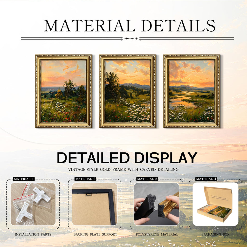 Gold Framed Vintage Landscape Wall Art Set of 3, Sunset Wildflower Meadow Picture Wall Decor, Rustic Farmhouse Nature