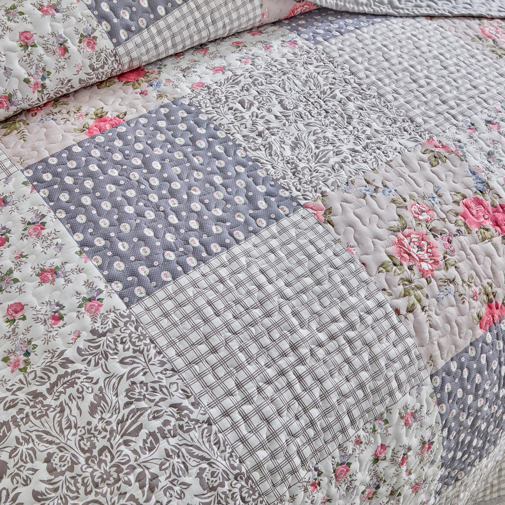 Floral Cotton Quilt Set, Neutral Flowers Grid Patchwork Design, 2 Pieces Quilt Bedding Set, Farmhouse