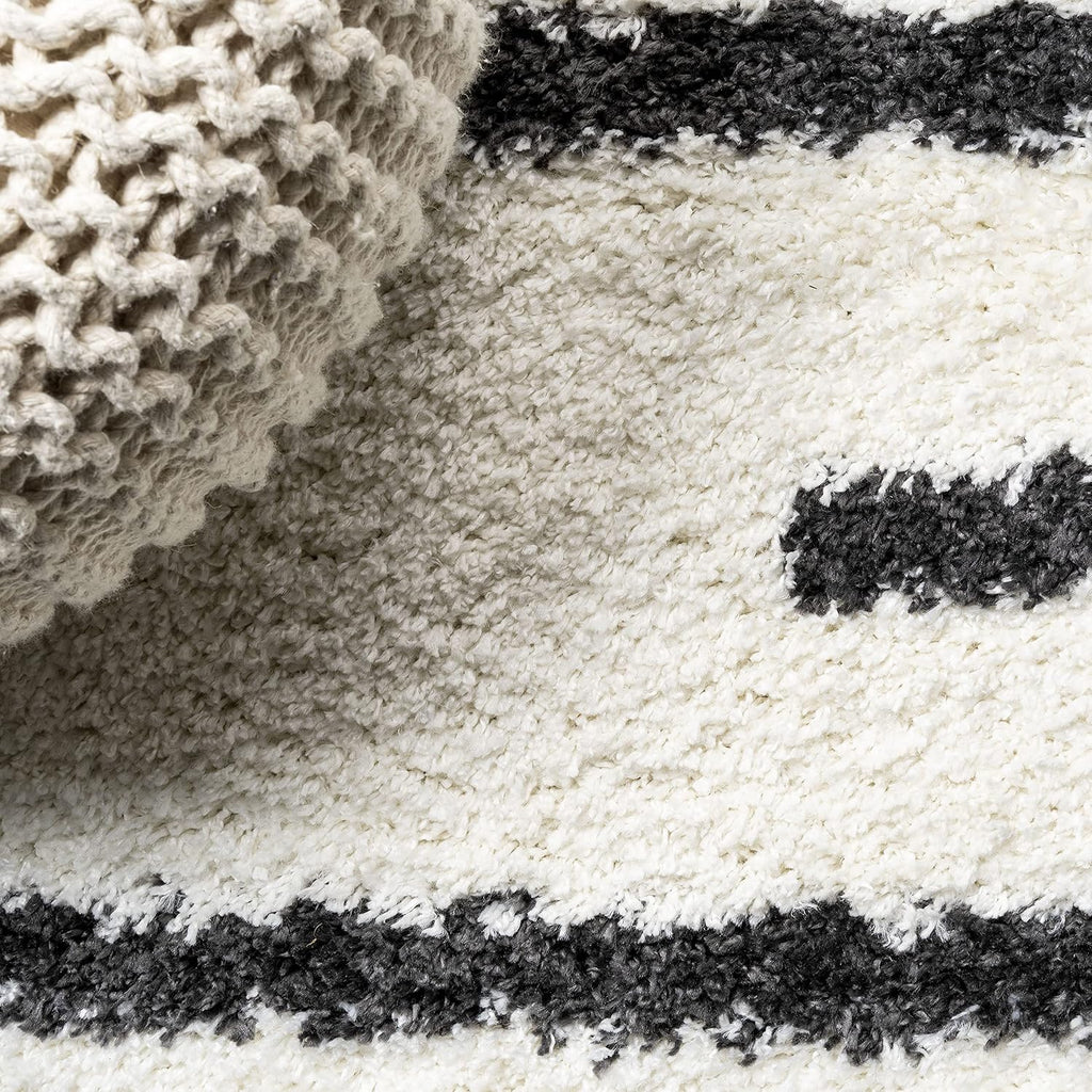 Alaro Berber Stripe Shag White/Gray Indoor Area Rug, Bohemian, Contemporary, Easy-Cleaning, Pet Friendly