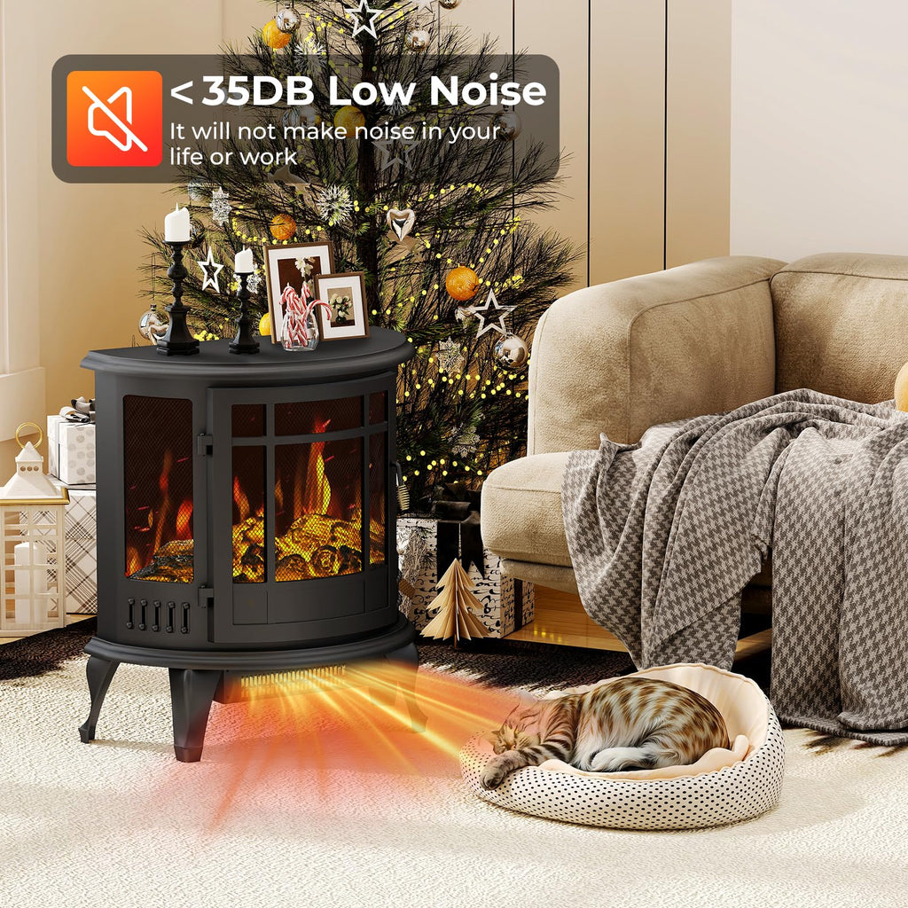 Electric Fireplace Stove-Oval Freestanding Fireplace Heater w/ 3D Flame, Thermostat Control, 1500W Quiet Heating