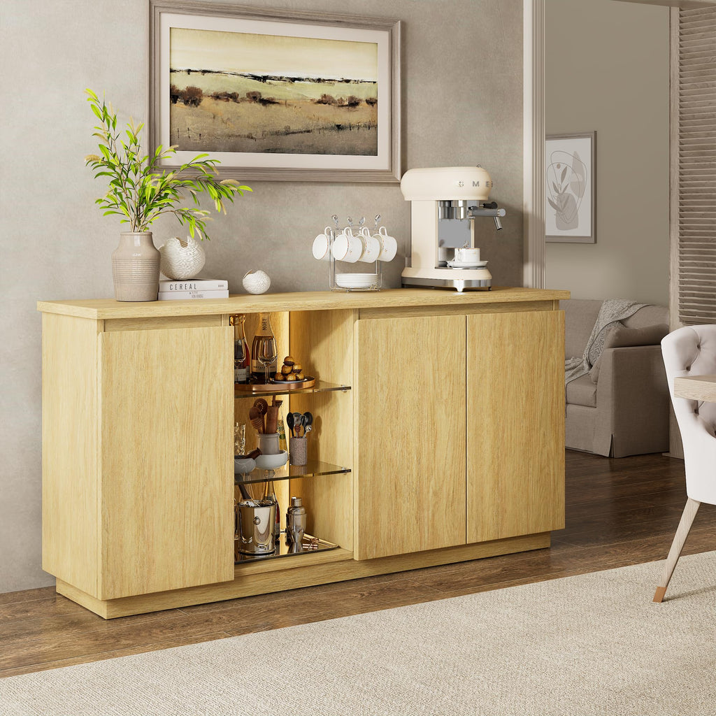 Sideboard Buffet Cabinet with Storage & LED Lights, Credenza Sideboard with Doors and Adjustable Shelves, 60" Coffee