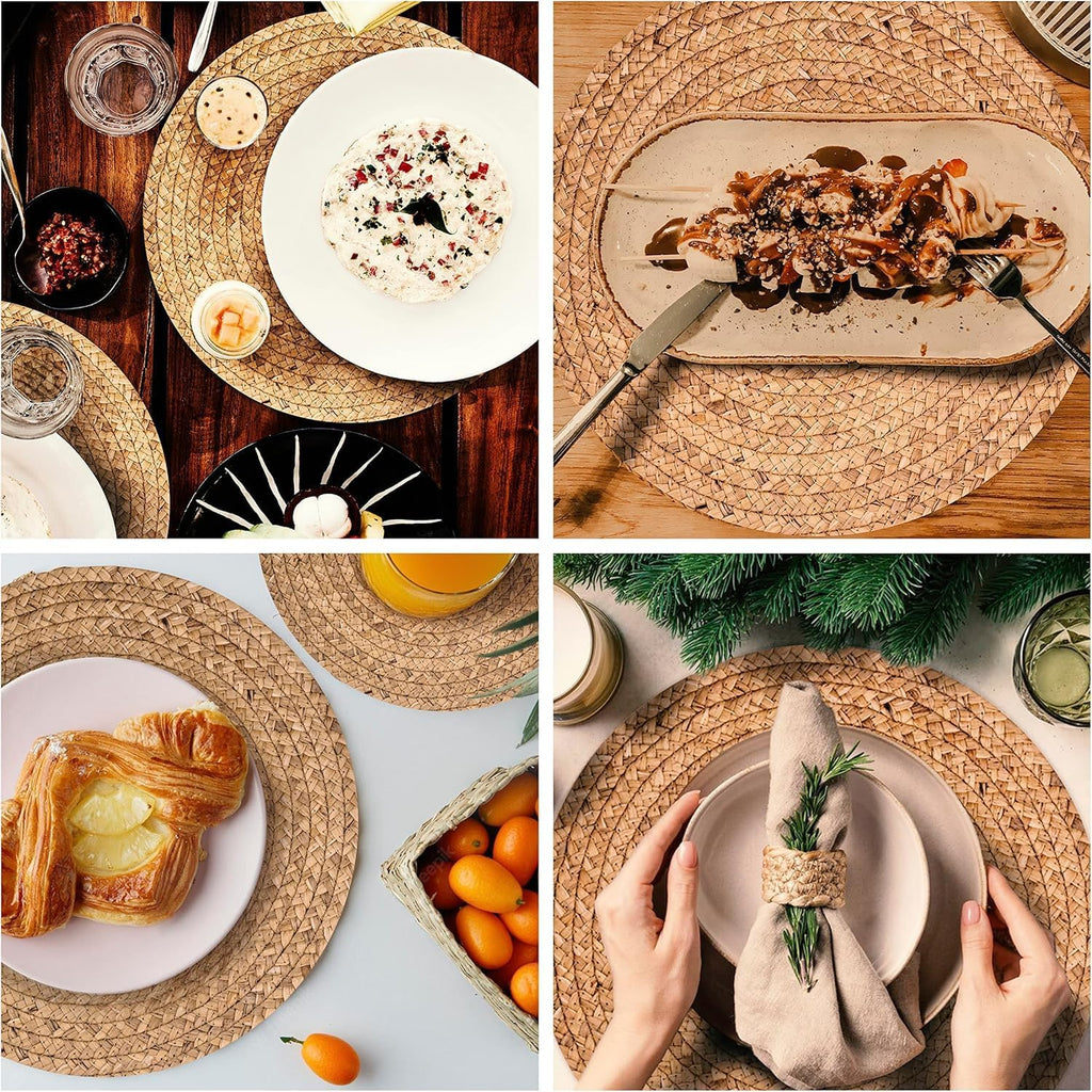 13.5" Woven Placemats, Round Rattan Placemats, Natural Wicker Chargers for Dinner Plates, Heat Resistant - Set of 6