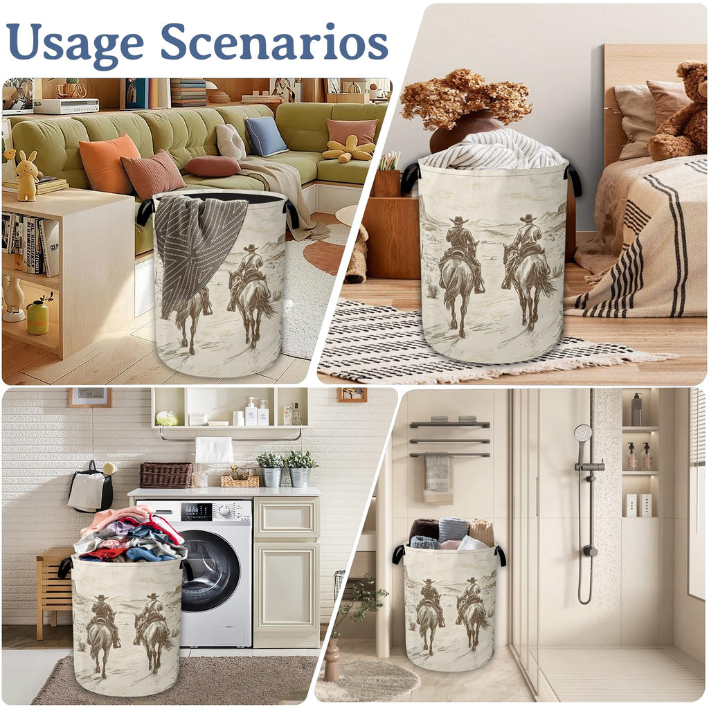 Western Cowboy Laundry Hamper With Handle,Foldable Oxford Cloth Horse Desert Laundry Basket,20.8"x16" Clothes Storage