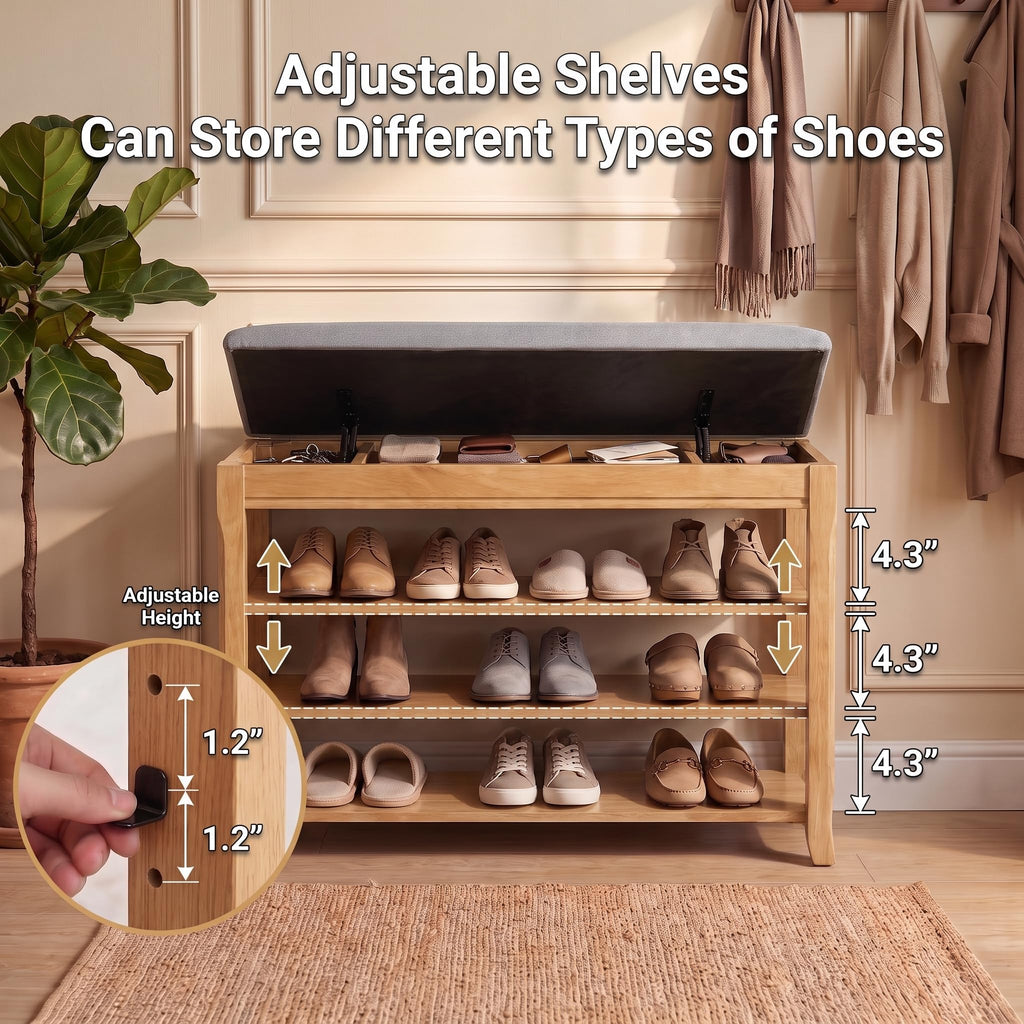Solid Wood Shoe Bench, 31.5" Shoe Rack Storage