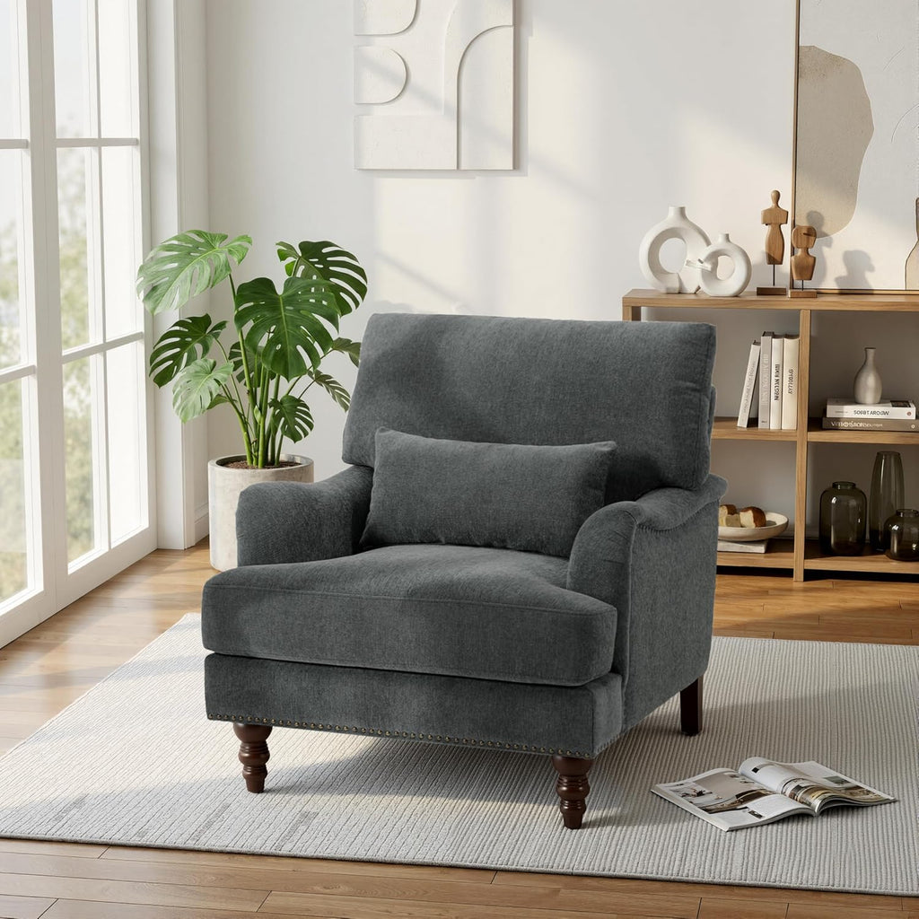 Accent Chair , Upholstered Armchair with Nailhead Trim & Solid Wood Legs, Mid Century Modern Chenille Club Chair