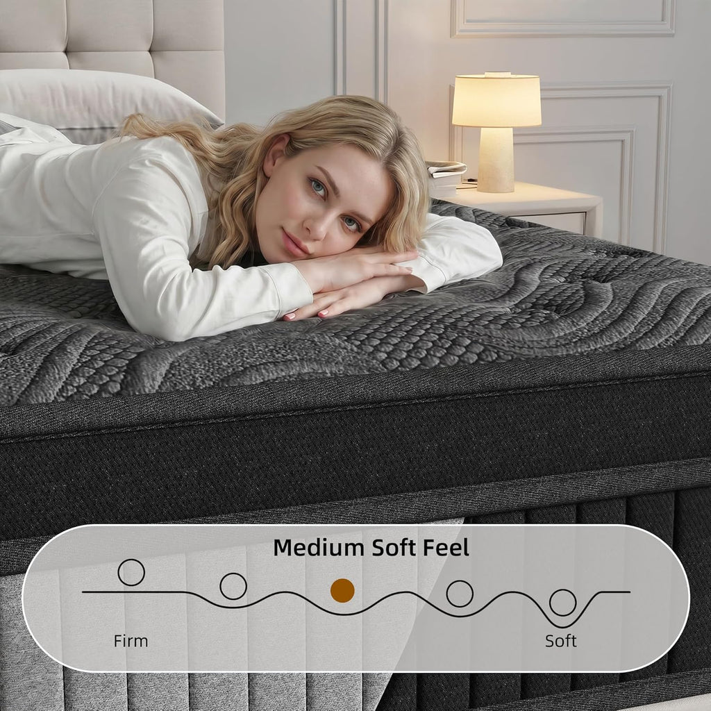 Queen Size 12 Inch Hybrid Mattress in a Box. Medium Firm Black and Gray Fabric Cover with Pocket Spring and Memory