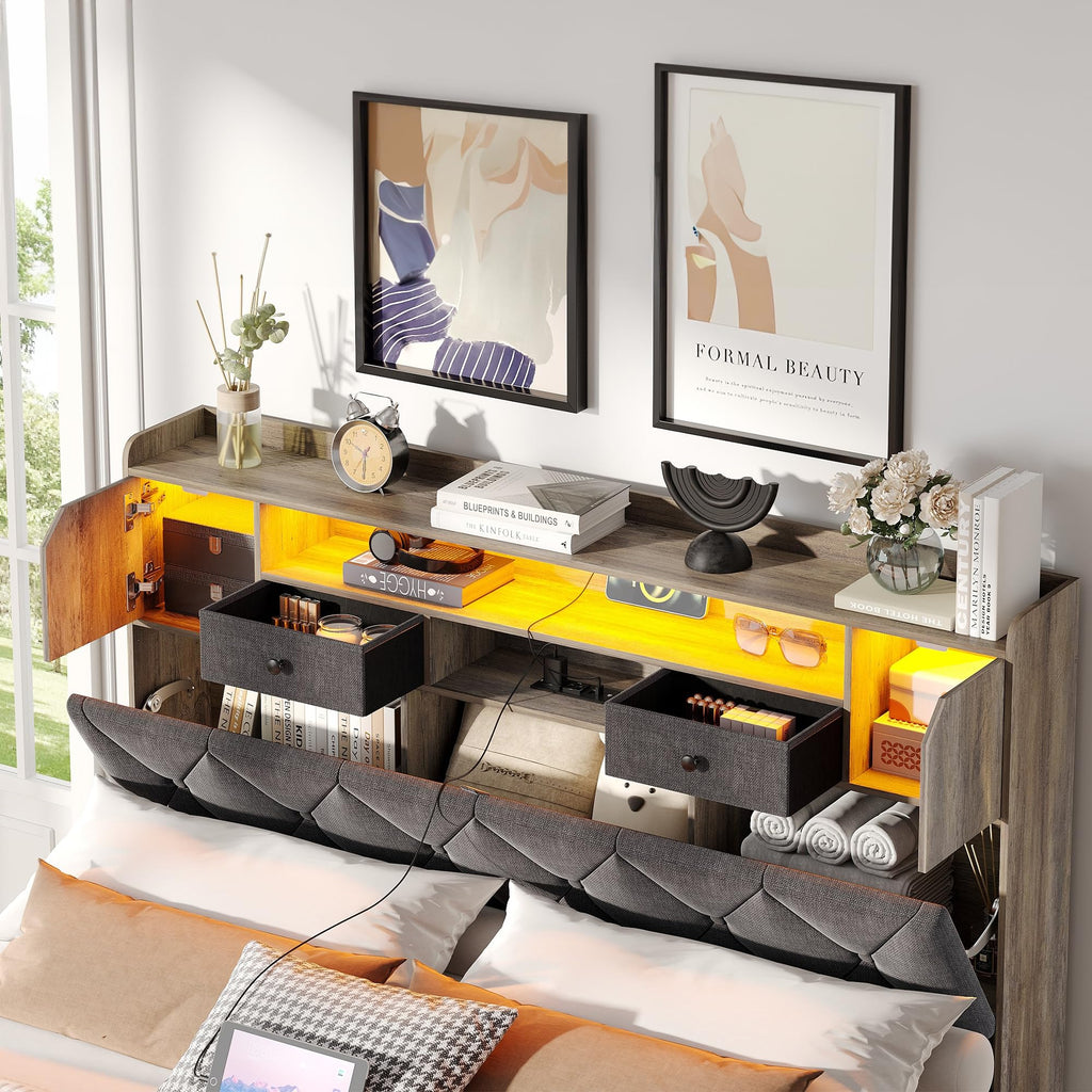 Headboard for Queen Size Bed with Storage, Upholstered Headboard Only, Wood Head Board with Charging Station and Led