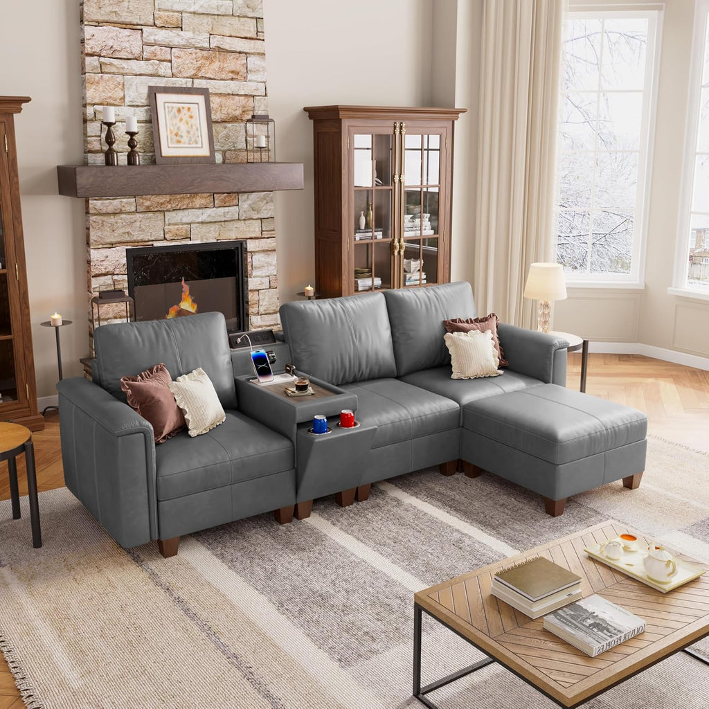 Faux Leather Modular Sectional Sofa with Storage, Mid Century Modern Sectional Couches , 105" Wide 4 Seat L Shaped