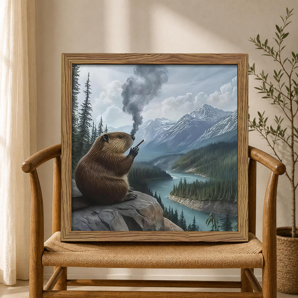 Framed Funny Smoking Beaver Canvas Wall Art, Surreal Mountain River Animal Poster Print Picture, Whimsical Wilderness