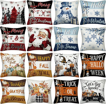 Seasonal Pillow Covers Holiday Pillow Covers 18 x 18 Inch for Christmas Halloween Winter Autumn Farmhouse Home - Set of 16