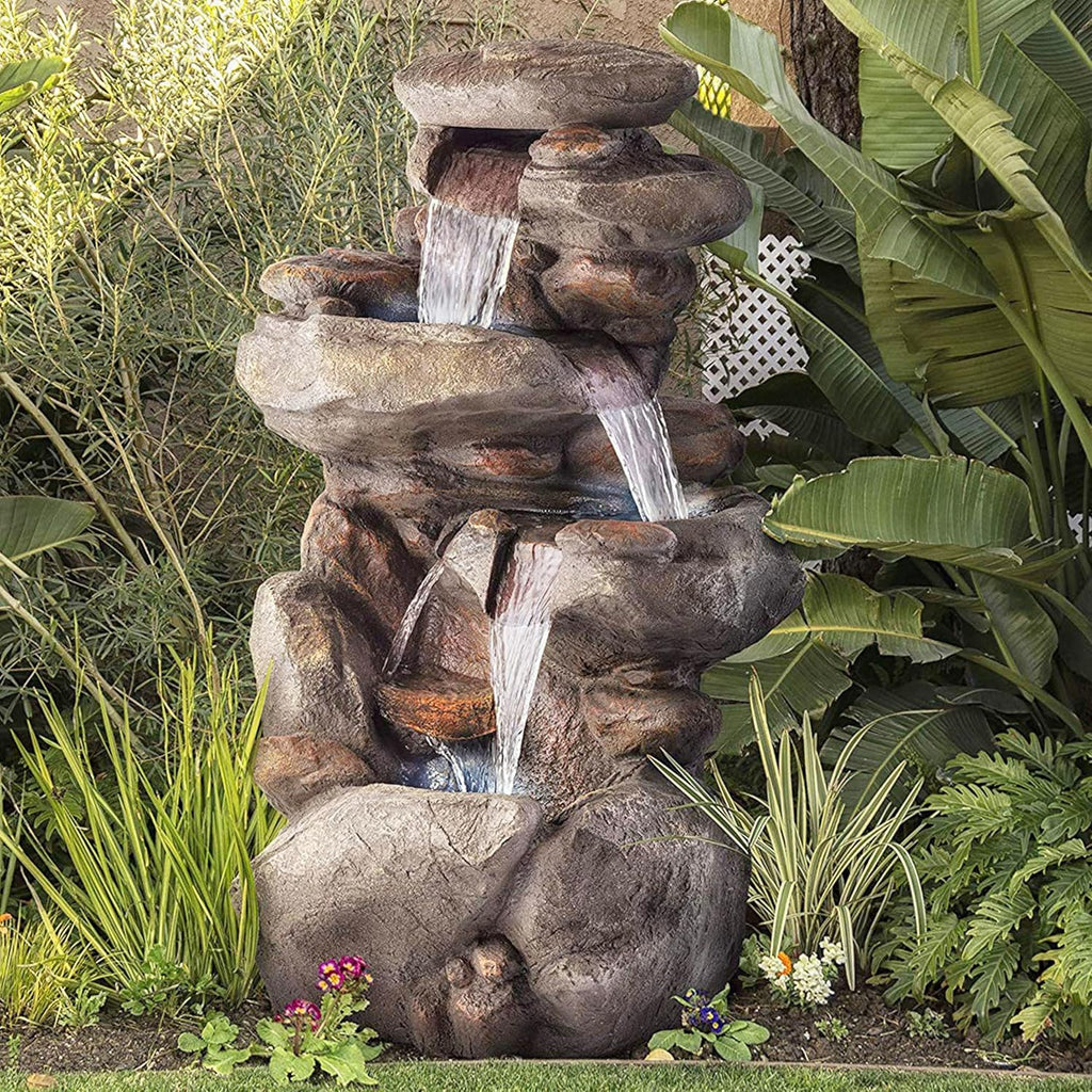 40" 4-Tier Rock Floor Fountain with Cascading Water & White LED Lights, Tranquil Outdoor Water Feature