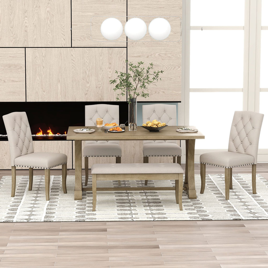 6-Piece Kitchen Dining Table Set, Farmhouse Dining Table Set with Rectangular Table and 4 Upholstered Chairs & Bench