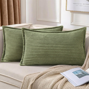 Corduroy Decorative Throw Pillow Covers 12x20 Set of 2 Moss Green