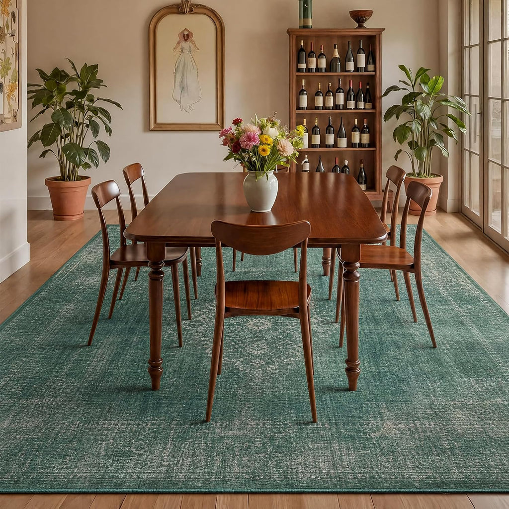 Green Distressed Area Rug 5x7 Vintage Boho Medallion Rugs Washable Bedroom