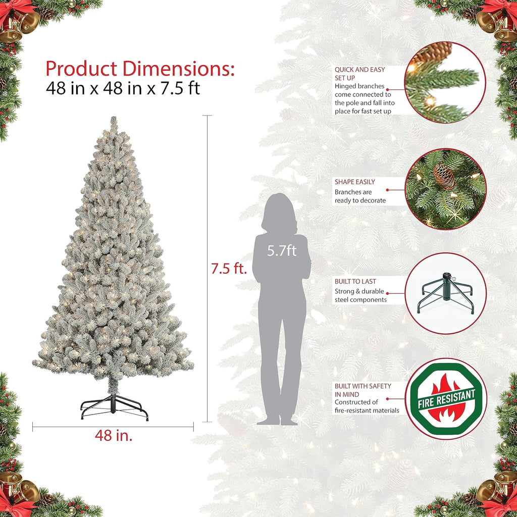 Pre-Lit 7.5' Flocked Virginia Pine Artificial Christmas Tree with 500 Lights, Green