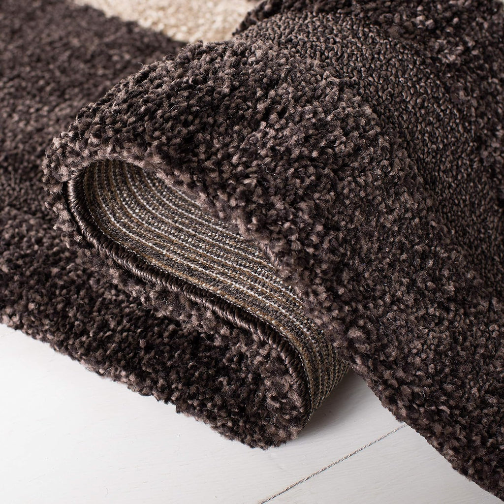 Florida Shag Collection Area Rug - 5' Square, Cream & Dark Brown, Stripe Design, Non-Shedding & Easy Care, 1.2-inch
