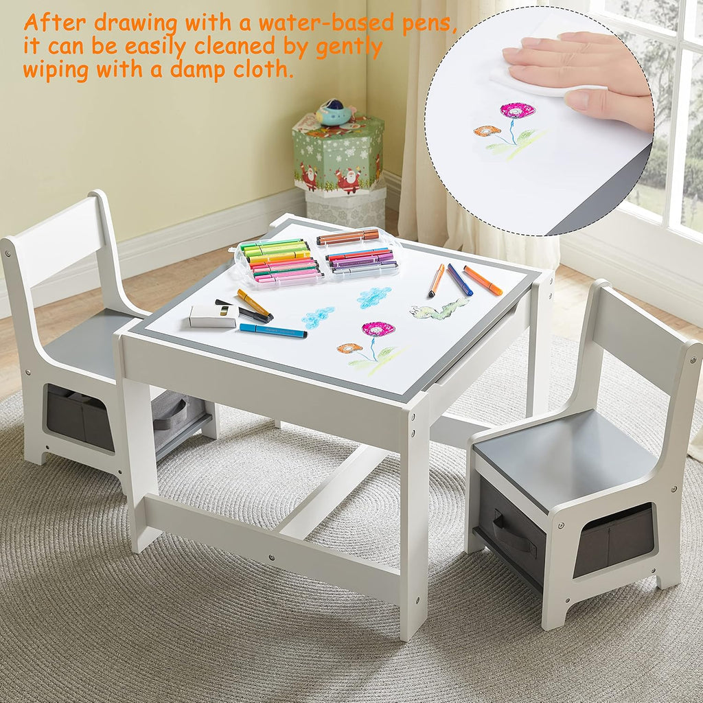Kids Table and Chair Set, 3 in 1 Wooden Activity Table with Storage Drawer for Toddlers Drawing, Reading, Crafts, 2