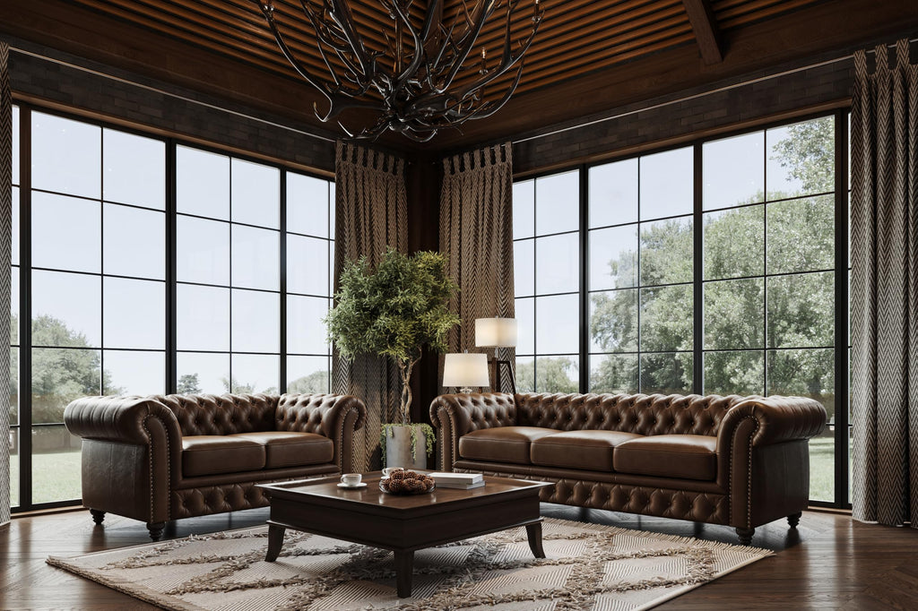 Parma Chesterfield 3 Seater Sofa 82" | Full Leather | Mid-Century Leather Couch with Classic Button Tufted Back, Wood