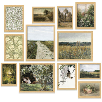 Vintage Framed Wall Art, 12 Pcs Landscape Prints, Beige Frame