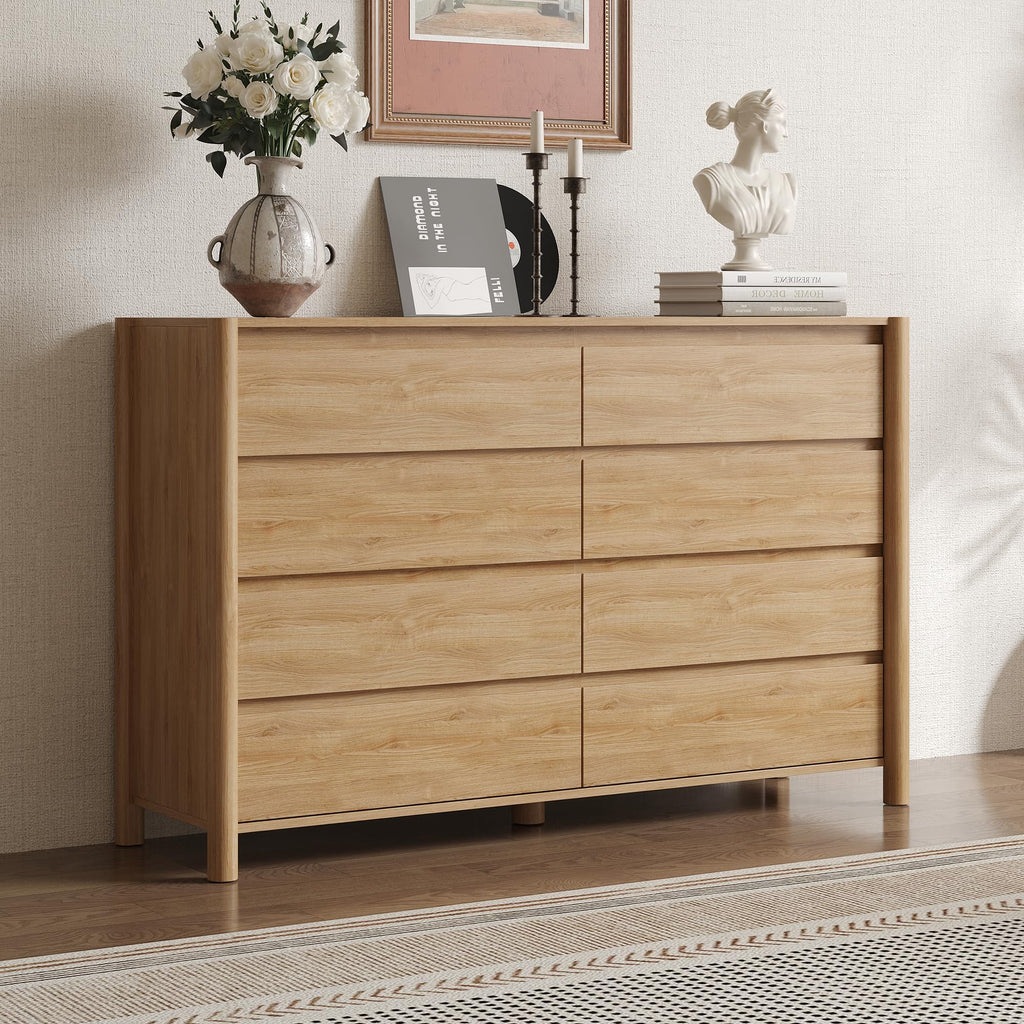 55.1" Wide Oak 8 Drawer Dresser with Solid Wood Legs