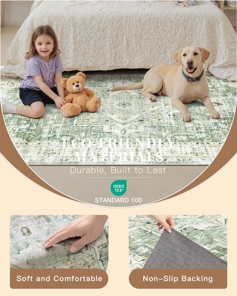 Washable Runner Rug 2x6 Runners s Non Slip, Green/Ivory