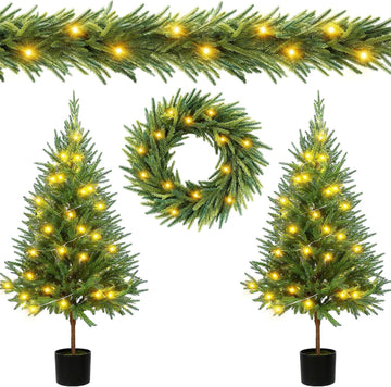 4 Piece Pre-lit Christmas Tree Set with LED Lights Christmas Garlands Wreath and Set of 2 Entrance Artificial Xmas