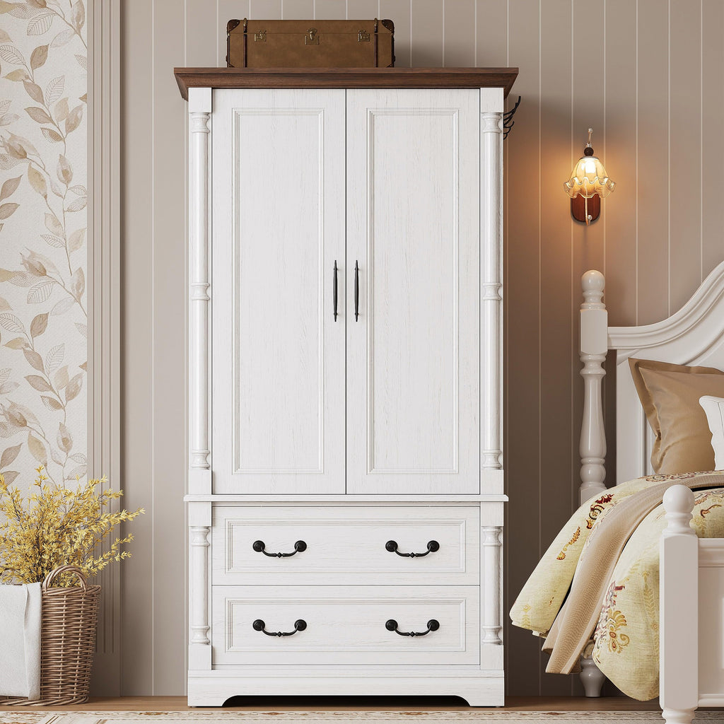 Armoire Wardrobe Closet 70" with 2 Drawers, White