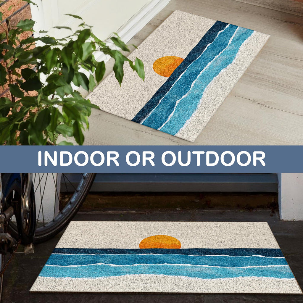 Boho Door Mat, Abstract Boho Sunrise Sunset Blue Ocean Beach Doormat Non-Slip for Front Door Porch Indoor Outside