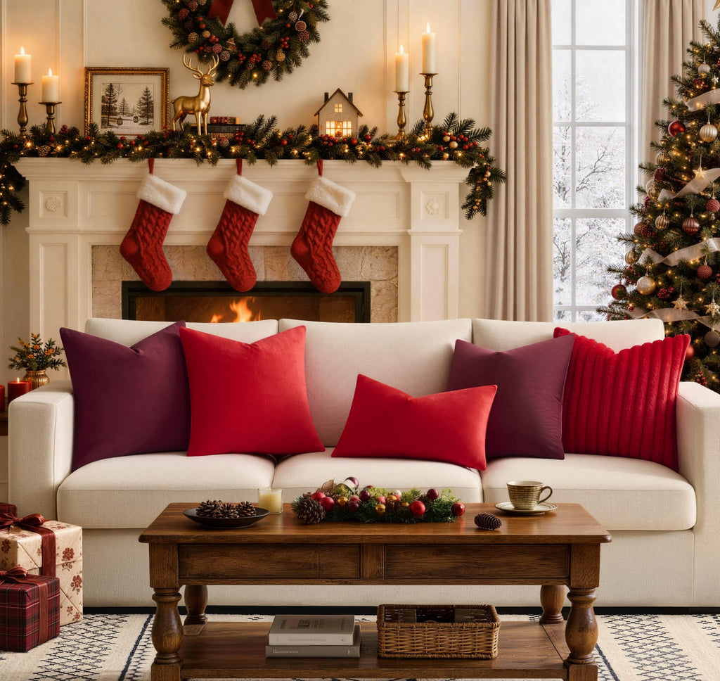 Pack of 2 Christmas Red Pillow Covers 20x20 Inch Decorative Faux Fur Throw Pillow Cover, Soft Lumbar Plush