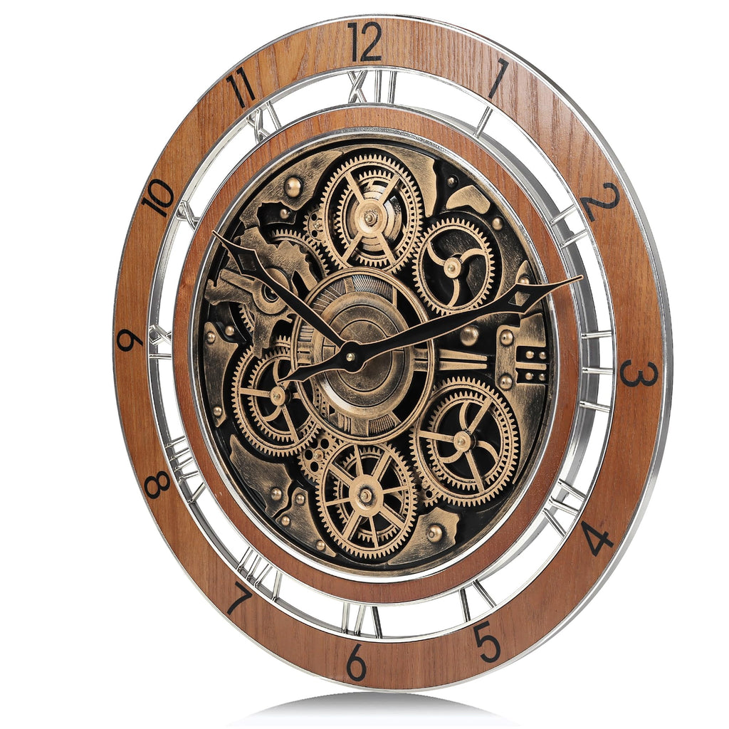 21 Inch Large Steampunk Wall Clock with Moving Gears Wooden Brown