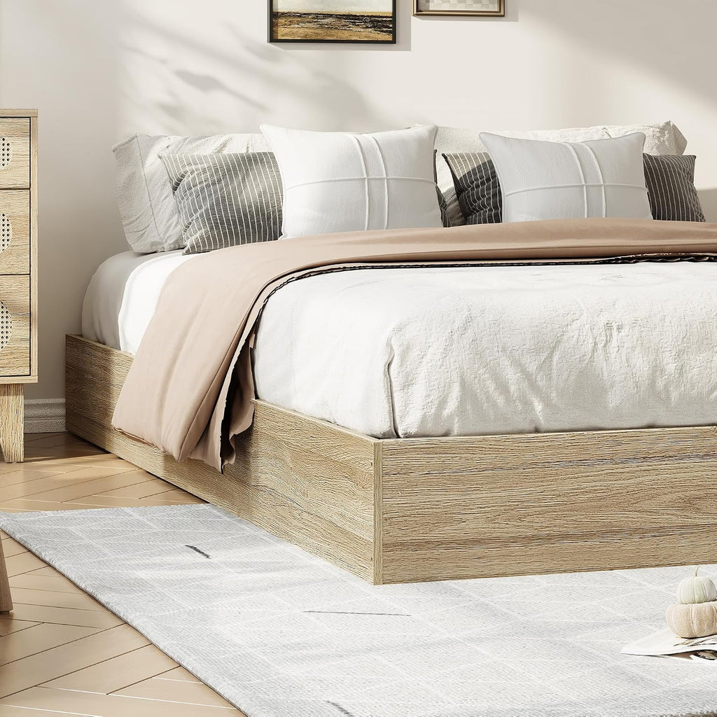 Wooden Platform Bed Frame, Floor-Standing Bed Frame with Wood Slats Support, No Box Spring Needed, Low