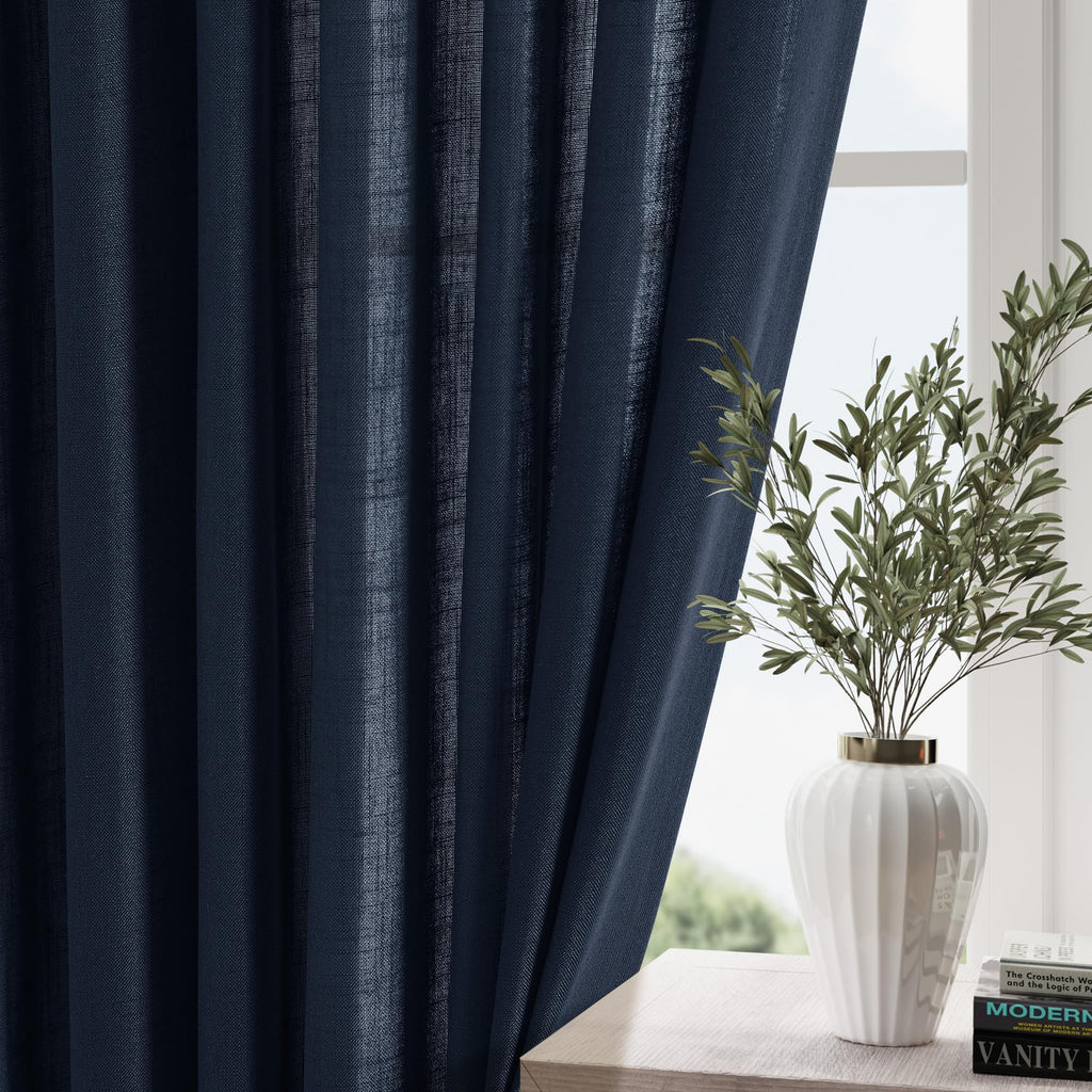 Navy Blue Curtains 84 inch Length Back Tab Rod Pocket Modern Nautical Farmhouse Decor Slub Linen Textured Dark Blue