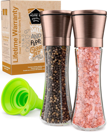 Original Copper Salt and Pepper Grinder - Adjustable Ceramic Grinder - Tall Glass Salt and Pepper Shakers - Set of 2