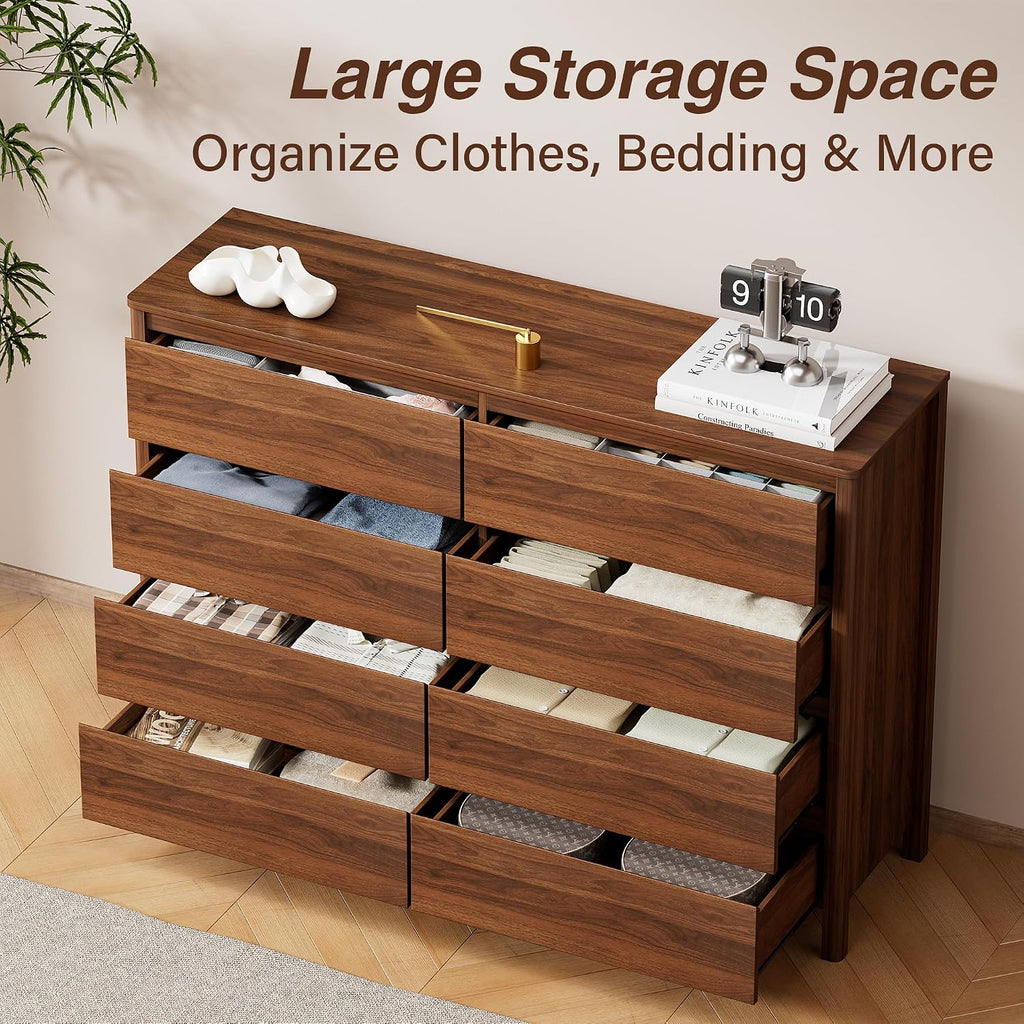 55" Mid-Century Modern Dresser , 8 Drawer Wide Chest of Drawers with Wood Legs, Large Storage Bedroom Dresser, Walnut