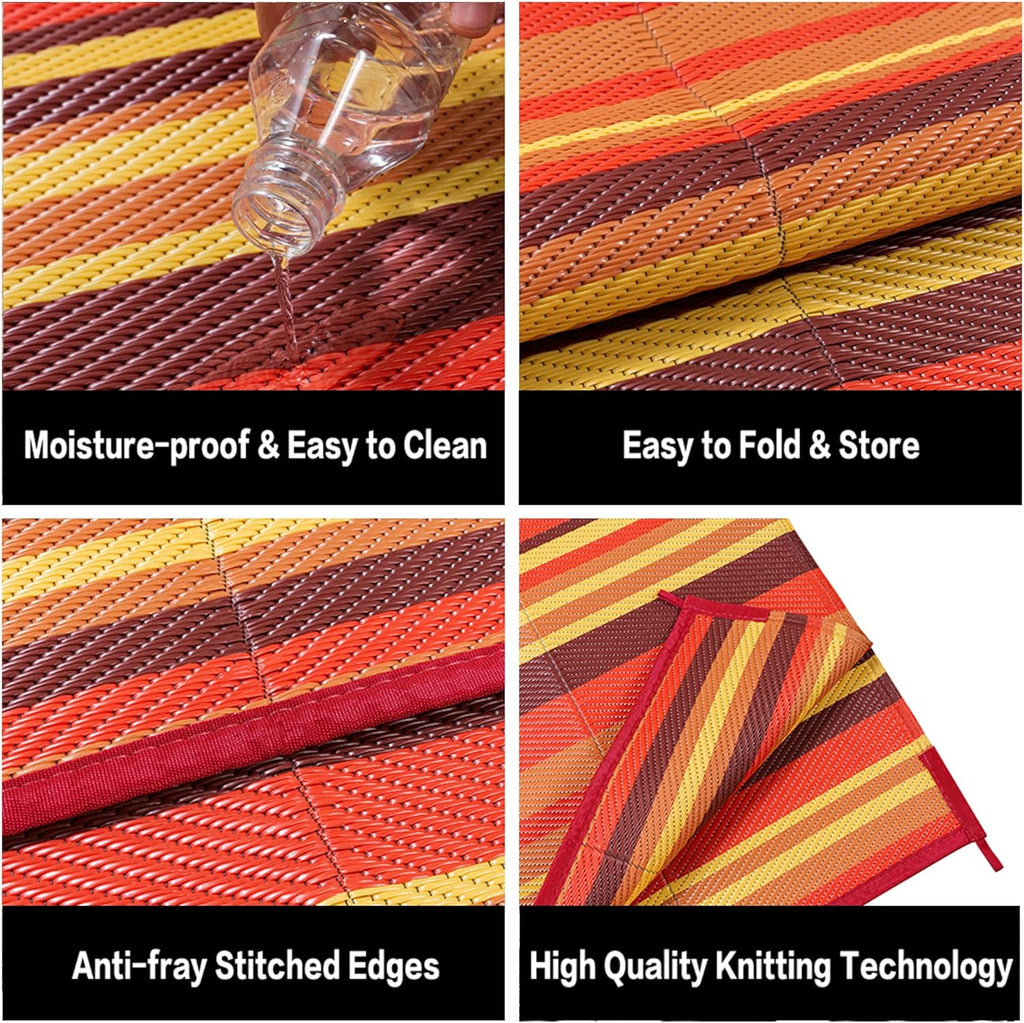 Outdoor Plastic Straw Rug Waterproof Patio 8x10 Red Orange Stripe Mat for Porch Camping RV Balcony D