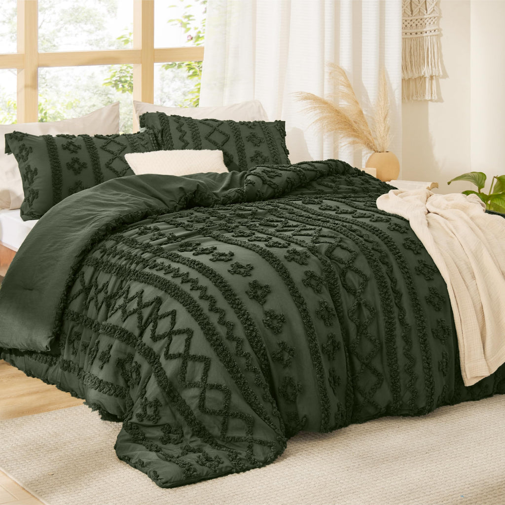Boho Comforter Set King, Bedroom Decor Bedding Set Olive Green