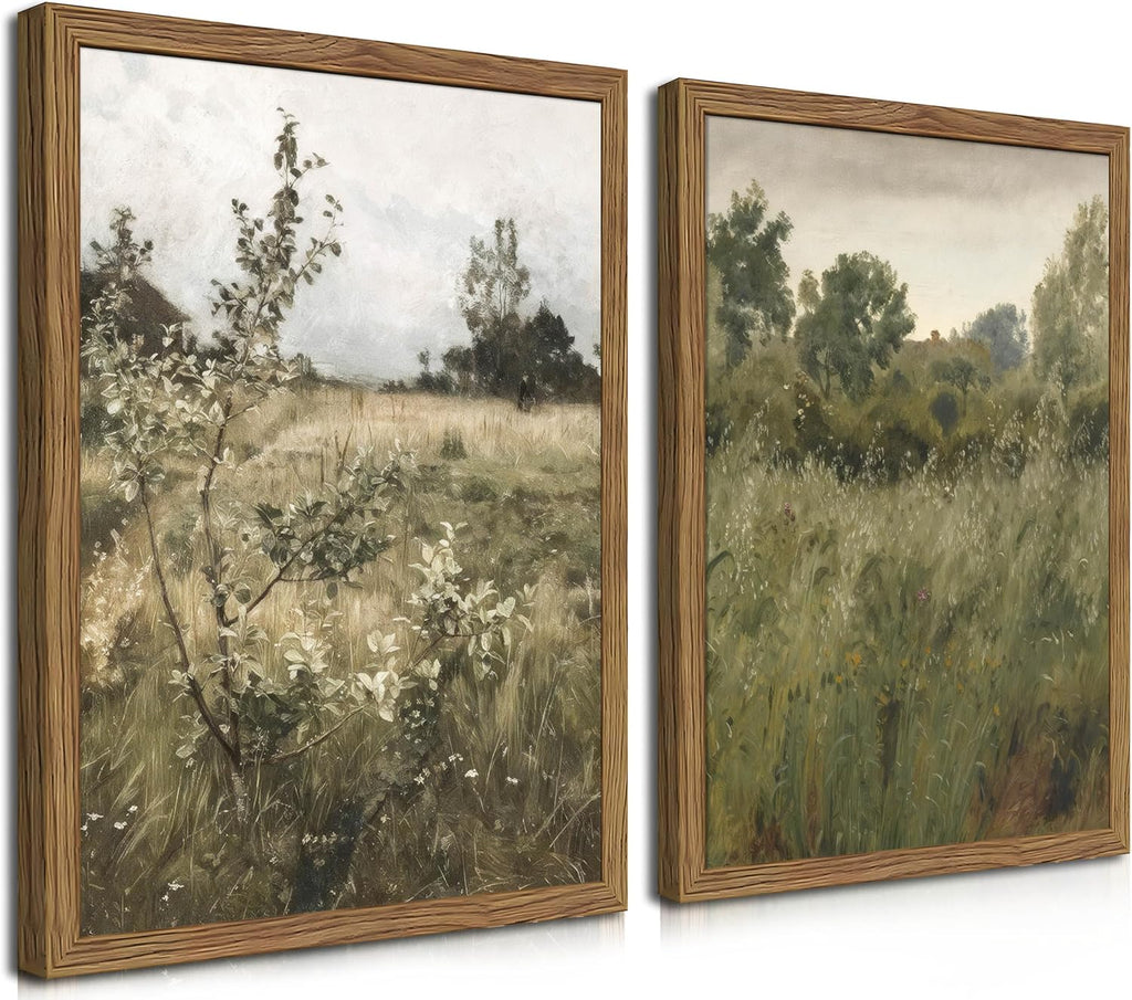 Vintage Landscape Wall Art Set of 2, Green Natural Wilderness Farmhouse Canvas Wall Decor Paintings, Retro Country