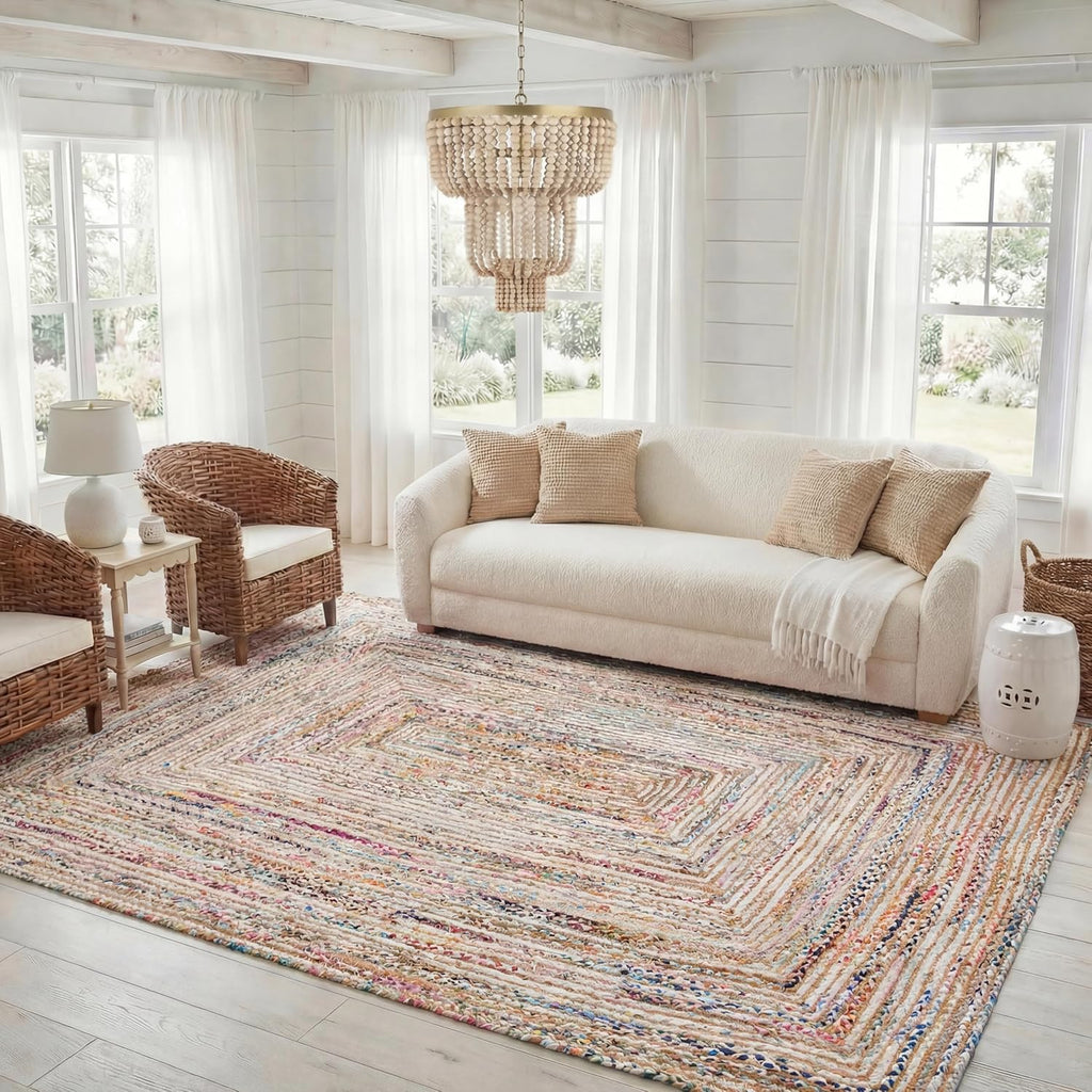 Area Rug 10x14 - Cape Cod - Large - Beige & Multi, Handmade Jute & Cotton, Woven Braided Design