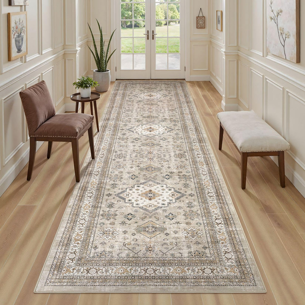 3x12 Hallway Runner Rug, Non-Slip Vintage, Beige