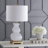 25.5" White/Gold Ceramic Table Lamp Bedroom, White Linen Shade, Modern Footed Vase Bedside Lamp, LED Bulb Included