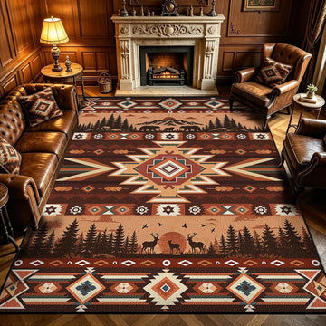 Western Aztec Area Rug, 5x7 Vintage Rustic Cabin Bear Deer Southwest Tribal Rugs, Machine Washable Non‐Slip Stain