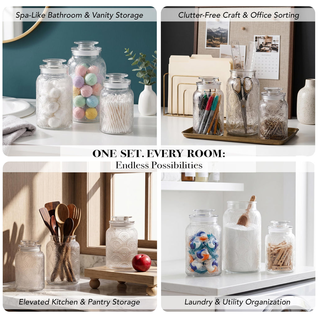 Clear Glass Kitchen Canister Set, Retro Design 3PC, 34-54oz