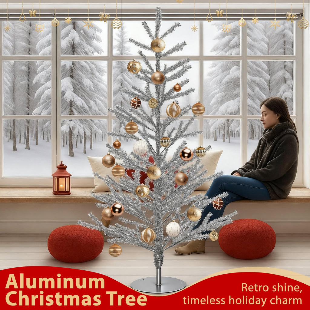 4ft Silver Christmas Tree, Retro Aluminum Christmas Tree, Tinsel Trees