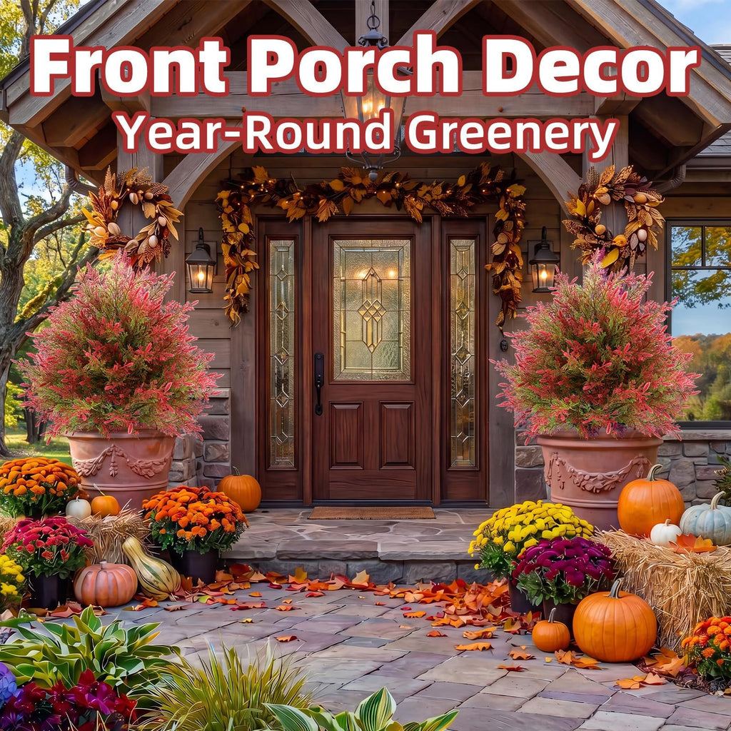 Artificial Fall Cedar Topiary Trees in Pot, 2 Pack UV Resistant Faux Greenery Shrubs, Fall Decoration for Outdoors