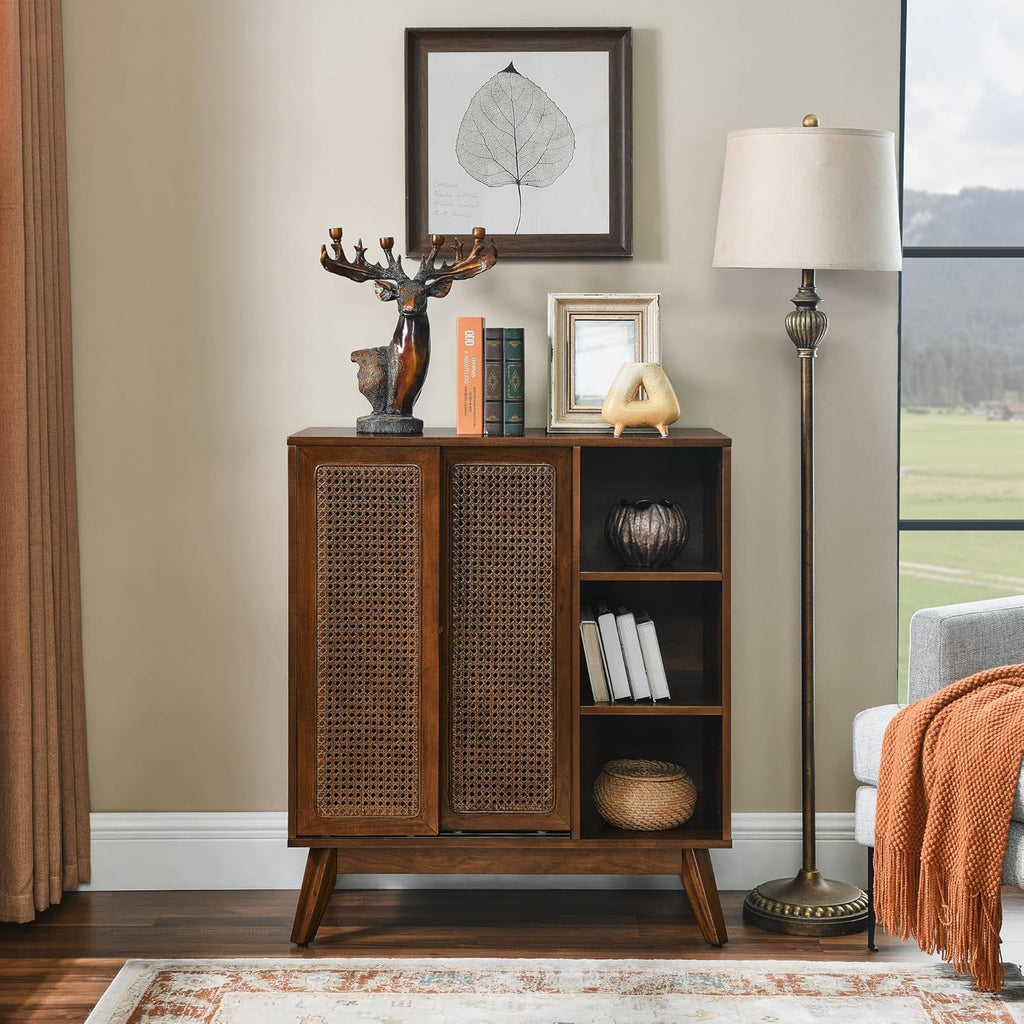 Mid Century Modern Small Rattan Sideboard Buffet Storage Cabinet | Real Wood Veneer Mid Century Storage Cabinet with
